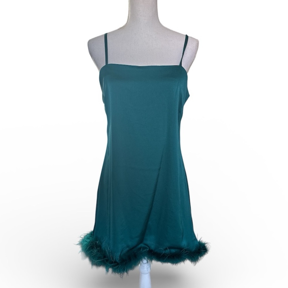 Teal Slip Dress with Feather Trim Size Large